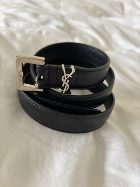 Saint Laurent Black Leather Women’s Belt with Silver YSL Charm